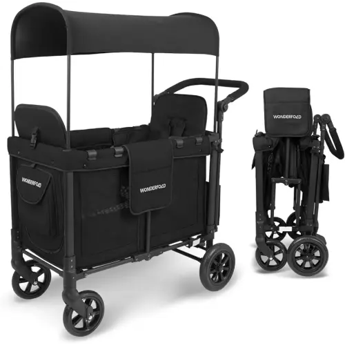 WONDERFOLD W2 Original + Stroller Wagon (2 Seater) - Collapsible Wagon Stroller with Seats with 5-Point Harnesses, Easy-Access Door, and Adjustable Sun Canopy, Black