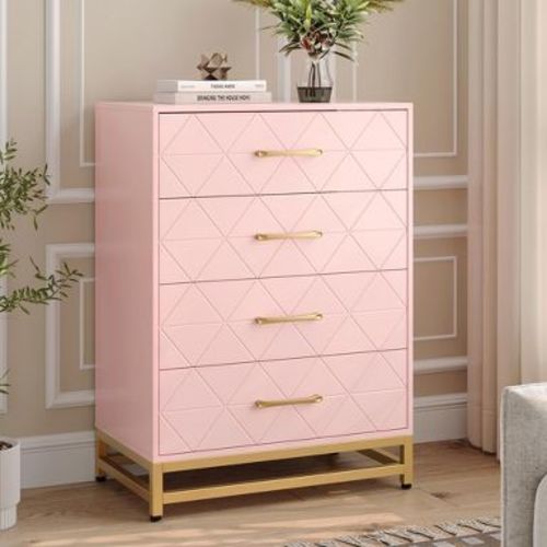 3-Drawer Pink Modern Wooden Dresser ¨C Wide Drawer Chest with Metal Handles for Bedroom
