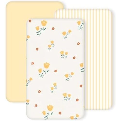 3 Pack Stretchy Bassinet Sheets - Universal Fit for Rectangle, Round, Oval, Hourglass Cradles & Moses Baskets - Soft Breathable Fitted Bassinet Sheets Set for Baby - Yellow & Flower