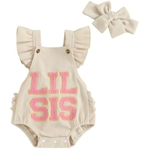 Newborn Infant Baby Girl Romper Bodysuit Ruffle Sleeve Backless Lil Sis Embroidery One Piece Jumpsuit Summer Outfit