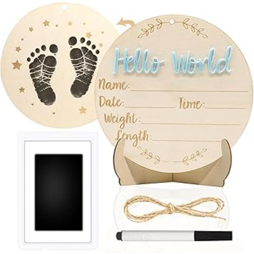 Baby Announcement Sign, 5.9 Inch Round Wooden Hello World Newborn Signs, Birth Announcement Sign: Equipped with Ink Pad Can Baby Handprints and Footprints for Photo Prop Hospital Nursery Gift (Blue)
