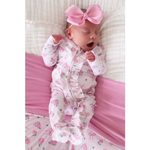 Ribbon & Roses Ruffle Zipper Footie | Pink
