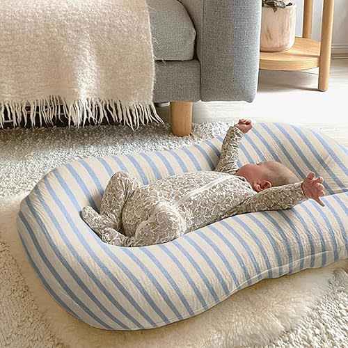 guruixu Muslin Baby Lounger Cover 2 Pack, 100% Cotton Soft & Breathable Infant Replacement Slipcover, Compatible with Snuggle Me Newborn Lounger (Tradewinds,Blue Stripe)