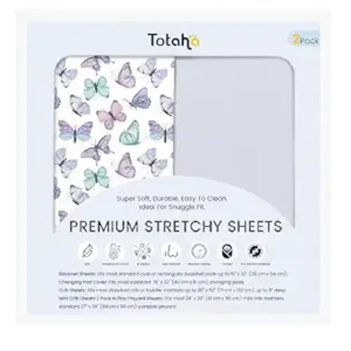 TotAha Premium Soft Pack n Play Sheets, Super Stretchy Jersey Knit Mini Crib Sheets Fitted, Silky Comfort Graco Pack and Play Mattress Sheets 2-Pack, Purple Butterfly