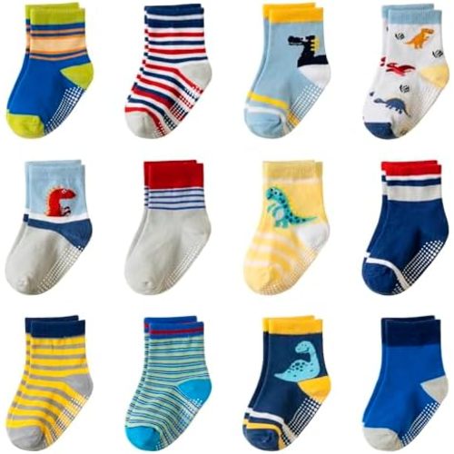 Toddler Non Slip Grips Socks Kids Anti Skid Baby Boys Girls Cotton Crew Socks 12 Pairs