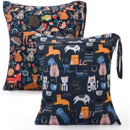 2pcs Cloth Diaper Wet Dry Bags Waterproof Reusable with Two Zippered Pockets Travel Beach Pool Daycare Soiled Baby Items Yoga Gym Bag for Swimsuits or Wet Clothes-Animal