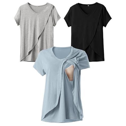 Rnxrbb V Neck Nursing Tops for Breastfeeding Tshirts Summer Postpartum Clothes Sets Short Sleeve 3 Pack Double Layer