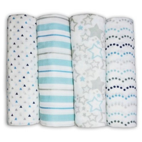 SwaddleDesigns Cotton Muslin Swaddle Blankets - Starshine Shimmer - 4pk - Blue