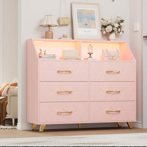 Latitude Run® 6 Drawers for Bedroom with Charging Station, Natural Wood Durable Dressers & Chests of Drawers with LED Light and Charging Station | Wayfair