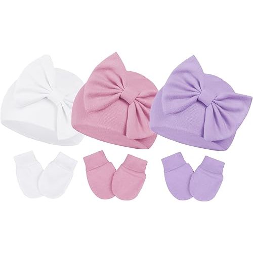 Newborn Girls Hats Baby Hat and Mitten Set Big Bow Knit Infant Headbands Winter Baby Hat for Girls C Purple & White & Deep Pink 0-3 Months