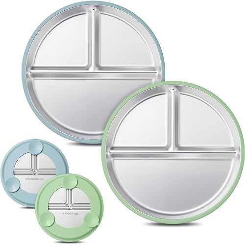 HaWare 2 Pack Stainless Steel Baby Suction Plates, 9 Inch Divided Toddler Plate