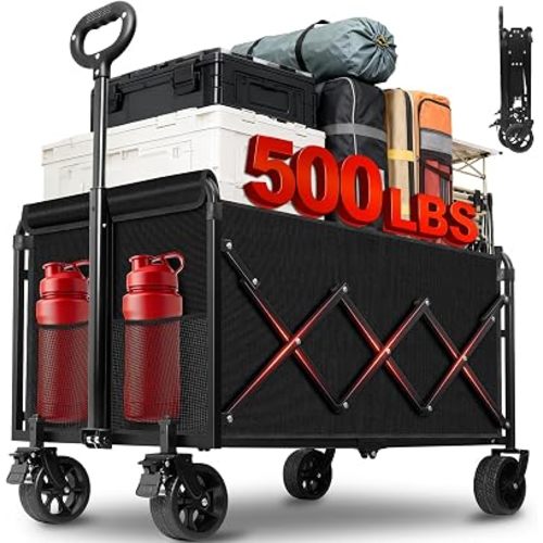 Collapsible Wagons Carts Foldable Wagon, 500LBS Wagon Cart Foldable Heavy Duty with Brakes & All-Terrain Wheels, Large Collapsible Folding Wagons for Beach Camp Sports Grocery, Portable (Black)