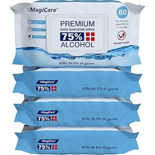 MagiCare 75% Large Alcohol Wipes (4-80ct Packs) - Alcohol Hand Sanitizing Wipes, Premium - Unscented Hand Wipe, Sanitizer Wipe - Travel, Home, Classroom, Camping - 4 Soft Packs (320pcs)