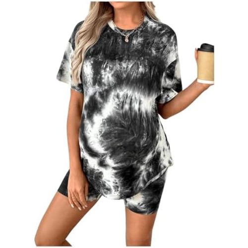 MakeMeChic Women's Maternity 2 Piece Outfit Tie Dye Pajamas Set Short Sleeve Tee Shirt and Biker Shorts Pregnancy Lounge Set