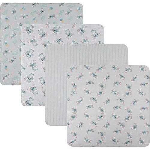 Disney Baby 4-Pack Receiving Blankets — 100% Cotton Flannel, 28" x 28" — Available in Mickey, Minnie, Pooh, Stitch or Angel — Soft Swaddle, Burp & Stroller Blankets — Gift-Ready with Ribbon Bow