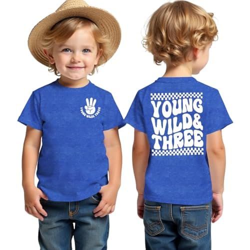 BOUTIKOME Young Wild and Three Birthday Boy Shirt 3rd Birthday Outfit 3 Year Old Boy T-Shirt Third B-Day Party Tees Tops