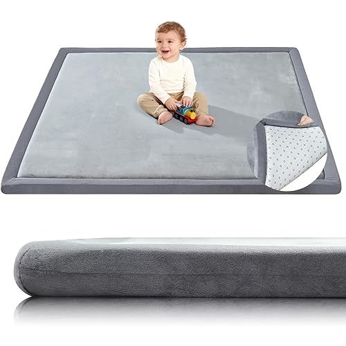 Thick Baby Play Mat for Floor,1.3" 50x50 Playpen Mat,Tummy Time Foam Mats,Plush Soft Padded Playmate for Babies 6-12 Months Crawling,Non-Slip Nursery Rug for Toddler Kids Playroom(Grey)