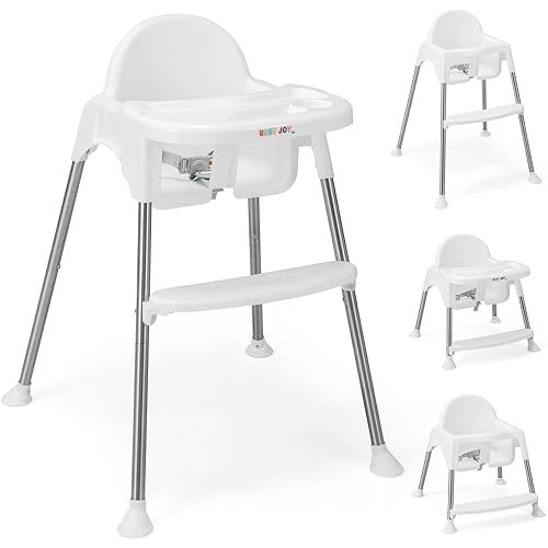 BABY JOY Baby High Chair, 4 in 1 Convertible Highchair for Babies & Toddlers with Adjustable Legs, Double Removable Tray, Safety Harness & Footrest (White)