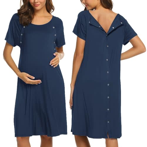 Ekouaer Womens Nursing/Delivery/Labor/Hospital Nightdress Short Sleeve Maternity Nightgown with Button S-XXL