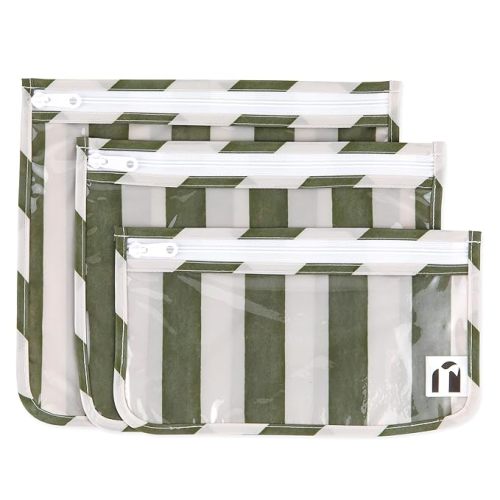 Bumkins Roamio Travel Bag, Toiletry, TSA Approved Pouch, Zip Quart Size Airline Compliant, Clear-Sided, Baby, Diaper Organization, Makeup, Accessories, Carry On Packing, Set of 3 Sizes, Green Stripe