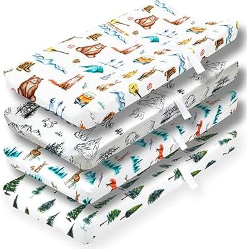 4 Pack Changing Pad Covers Woodland Forest Animals Wood Neutral Unisex Fitted Baby Changing Pad Cover Set for Baby Boys or Girls