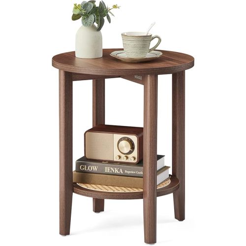 VASAGLE Round Side End Table, 2-Tier Boho Bedside Table with Rattan-Look