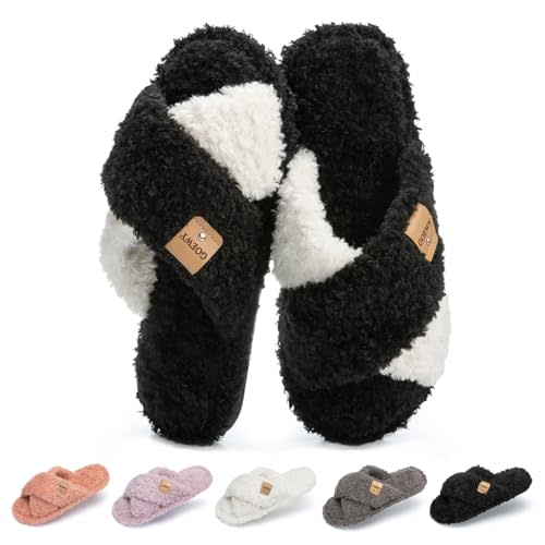 GOEWY Fuzzy Open Toe Slippers for Women Indoor and Outdoor with Memory Foam Cozy Cross Band Women's Slipper Cute Soft House Shoes Slip On Gifts for Womens Mom Her Ladies Bridesmaid