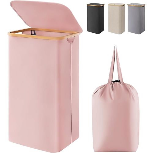 Lifewit 100L Laundry Basket with Lid, Clothes Hampers for Laundry with Bamboo Handles and 1 Removable Bag, Large Foldable Laundry Hamper for Bedroom, Bathroom, Dorm, Laundry Room, Pink