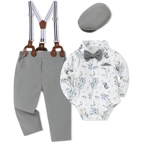 SANMIO Baby Boy Clothes Suit 0-24M Boys Baptism Easter Outfits Baby Shirt+Bow Tie+Pants+Suspenders 4Pcs Christmas Wedding Set