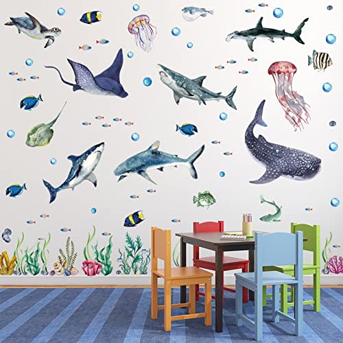 3 Pcs Large Watercolor Sharks Wall Decals Ocean Animal Peel and Stick | Wall Sticker Under The Sea Marine Life Theme Decals Nursery Room Home Decor Party Supply, 11.2 x 34.6 Inches