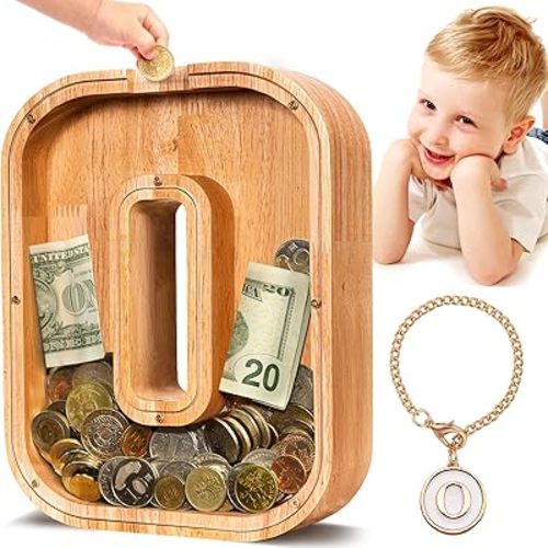 Summidate Wooden Letter Piggy Bank for Kids, Clear 9" Alphabet O Money Bank