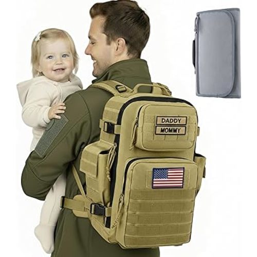 SHARKMOUTH Military Diaper Bag for Baby - Large Baby Backpack with Changing Pad for Boy Girl - Army Dad Diaper Bag for Hiking Travel Camping Trips Tan
