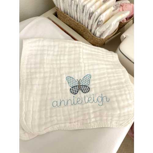Embroidered Blue Butterfly Burp Cloth