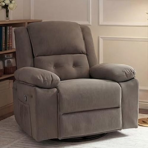 FLEXISPOT XRC2 360° Swivel Rocker Recliner Chair for Adults, Manual Recliner with Massage & Lumbar Heat, Glider Recliner for Living Room Bedroom Reading Room, Light-Brown