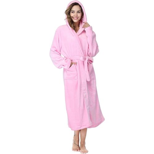 RONGTAI Womens Robes Plush Fleece Hooded Bathrobe Thick Nightgown with Pockets Fluffy Sleepwear