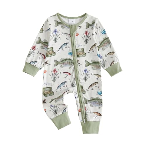Newborn Baby Boy Girl Fishing Outfit Long Sleeve Zipper Fish Print Jumpsuit | Newborn Baby Boy Girl Fall Clothes Long Sleeve Fish Print Zipper Jumpsuit Romper One Piece Fishing Outfit 0-18M