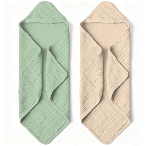 Organic Muslin Hooded Baby Bath Towels - 2 Pack 100% Organic Cotton Towel for Babies, Infants, Toddlers - 32x32Inch - Highly Absorbent and Newborn Essential(Brown Green)