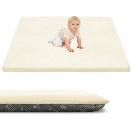 ACOMOPACK 1.3" Thick Baby Play Mat for Floor 59x71"-Large Water-Repellent&Non-Slip Memory Foam Mat for Kids,Toddlers,Soft Velvet Nursery Rug for Tummy Time&Crawling,Yoga,Tatami Style(Beige)