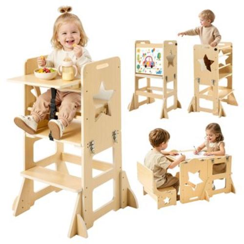 VEVOR Toddler Tower, Wooden, 6 in 1 Kitchen Step Stool for Kids 1-5, Montessori Weaning Table and Chair Set, with Blackboard & Feeding Tray,Nature