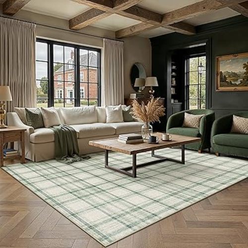 6x9 Green Area Rug for Living Room Bedroom Machine Washable Low Pile Checkered Carpet Modern Accent Soft Non Slip Rug for Dining Room Nursery Office Indoor