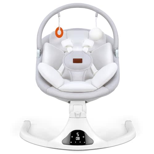 Electric Baby Swing with Remote Control 5 Speed Machine Washable Pad Gray | 5‑point safety harness, machine washable pad, 12 melodies & Bluetooth, 8/15/30 mins timer, indoor/outdoor use, safety lock