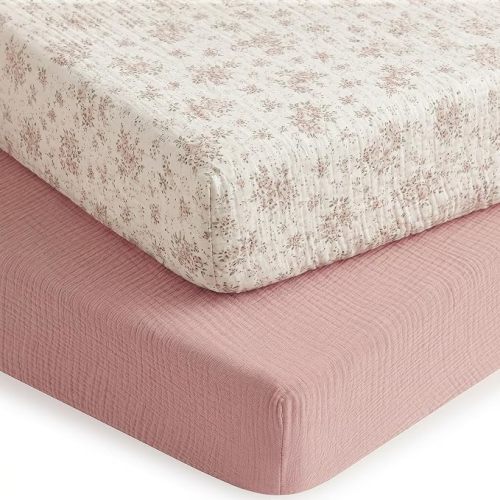 2 Pack Muslin Crib Sheets for Girl - Neutral Fitted Baby Crib Sheets for Standard Toddler Crib Mattress - 52” x 28” Soft Breathable Cotton Baby Bed Sheets - Dusty Pink & Floral