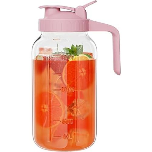 Glass Mason Jar Pitcher, 64 oz Wide Mouth Jug with Pour Spout Handle Lid for Cold Brew Coffee, Ice Beverage, Iced Juice, Lemonade, Sun Tea, Fruit Drinks Container（Pink）