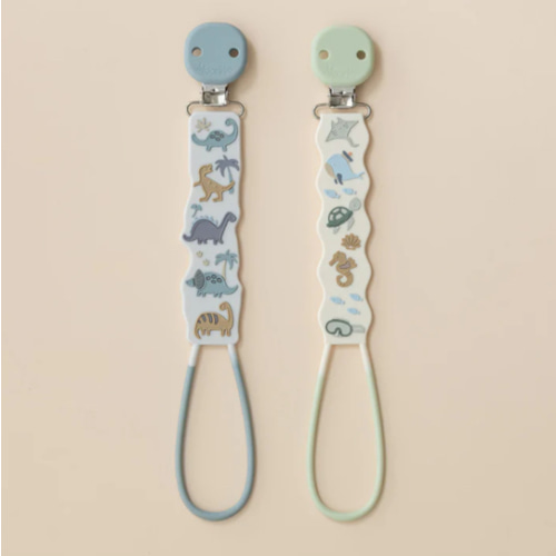 Moonkie Beadless Silicone Pacifier Clip Set (2-Pack) | Dino & Deep Sea