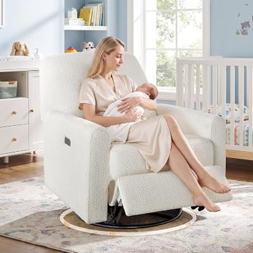 VANOMi Power Rocking Recliner Chair,270° Swivel Nursery Glider, USB, White