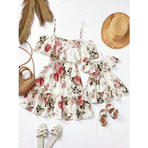 SHEIN Baby Girls & Mommy Matching Floral Print Strap Dress, Vacation Outfit | SHEIN