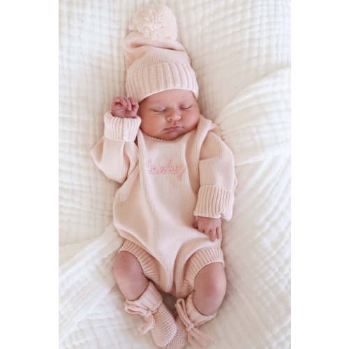 Embroidered Knit Sweater Bubble Romper in Tea Rose | Caden Lane