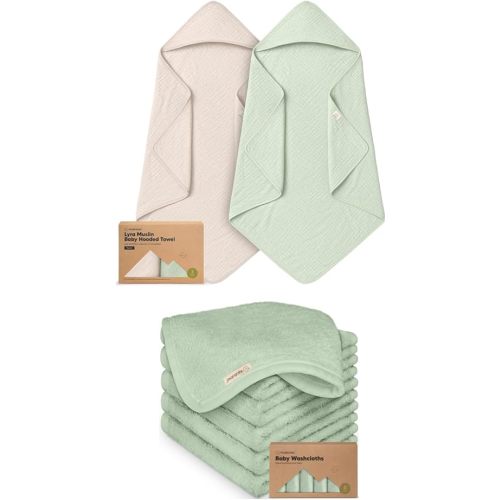 KeaBabies 2-Pack Muslin Hooded Baby Towels for Girls, Boys, and Baby Washcloths for Newborn, Toddlers - 100% Cotton Infant Bath Towel with Hood, Soft & Absorbent Washcloths for Toddlers