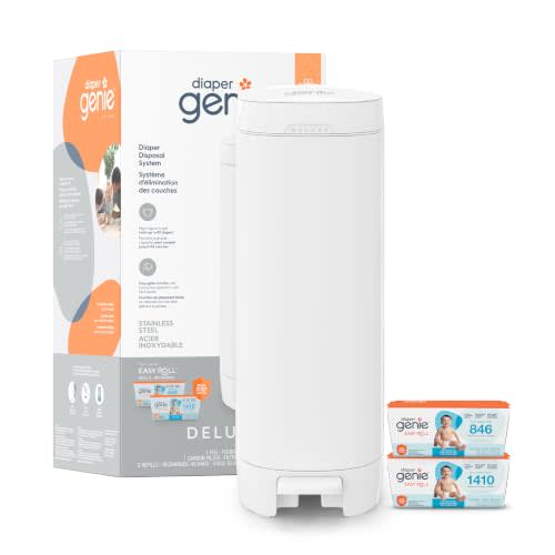 Diaper Genie Deluxe Diaper Pail Gift Set with 2 Easy Roll Refills (48 Bags) | Deluxe stainless steel pail registry gift set includes Easy Roll tear-off bags holding up to 2,256 newborn diapers in total.
