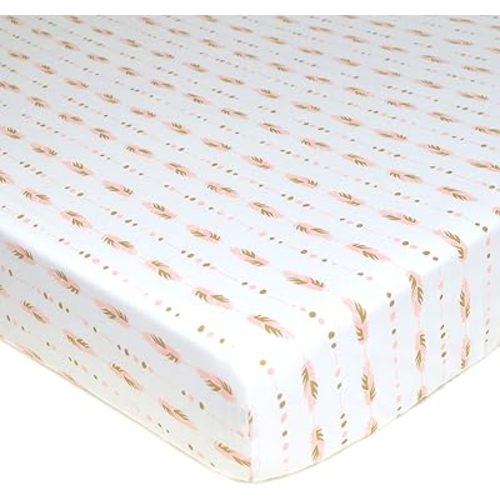 American Baby Company 100% Natural Cotton Fitted Crib Sheet 52" x 28" - Soft, Breathable, Hypoallergenic & Gentle Toddler Bed Sheet, Sparkle Gold and Pink Feathers, Neutral for Boys & Girls